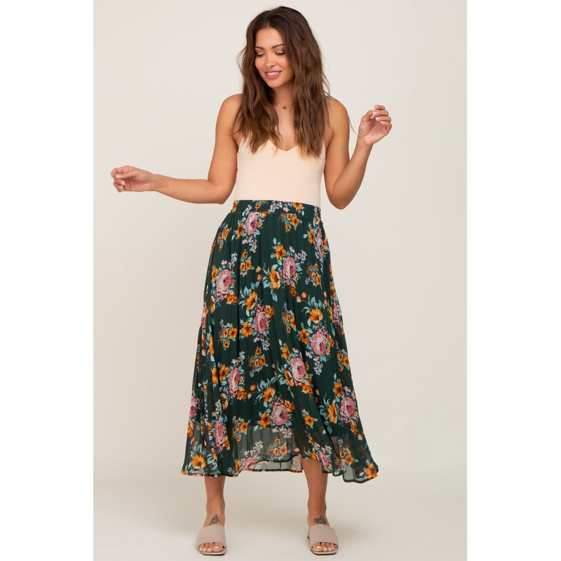 Forest Green Floral Chiffon Pleated Maternity Skirt