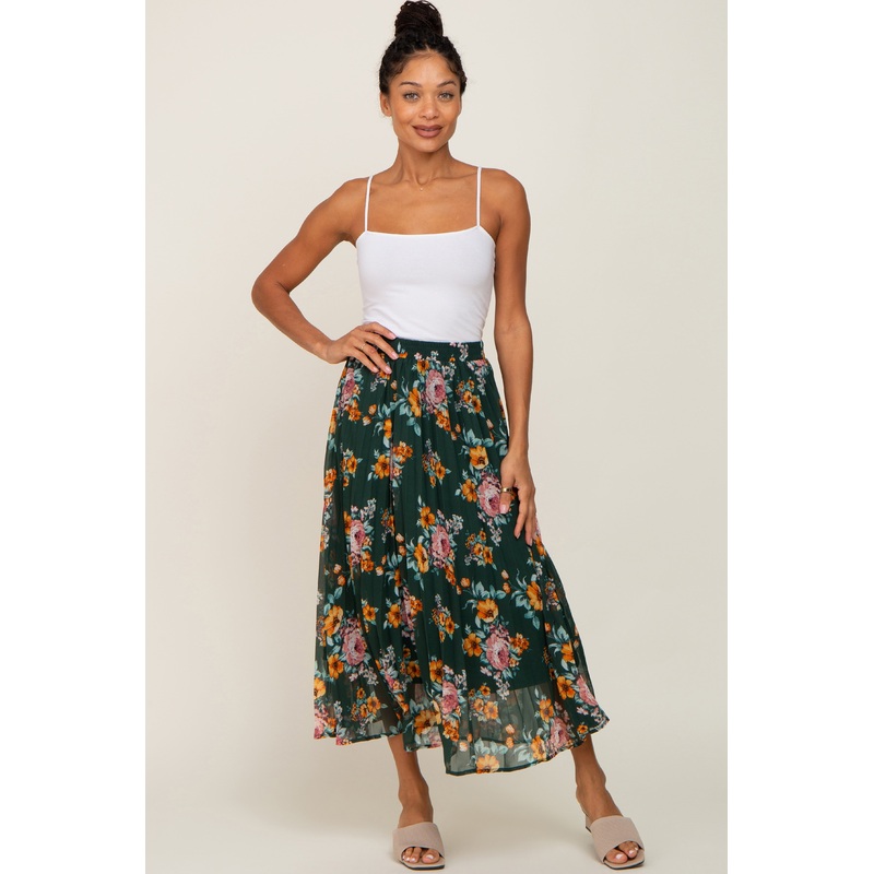Forest Green Floral Chiffon Pleated Skirt