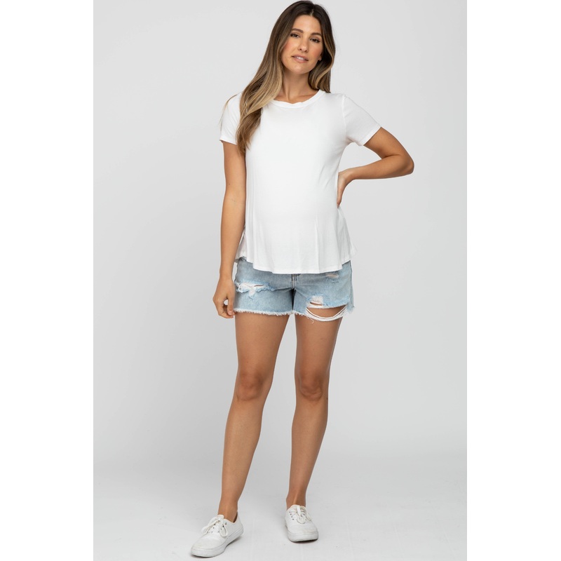 Light Wash Distressed Denim Maternity Shorts