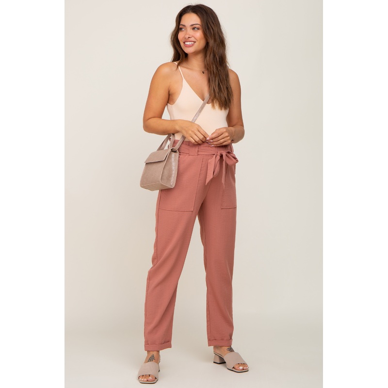 Mauve Paper Bag Waist Cropped Maternity Pants