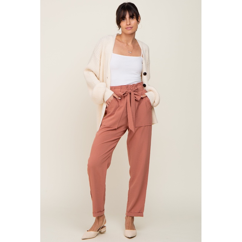 Mauve Paper Bag Waist Cropped Pants