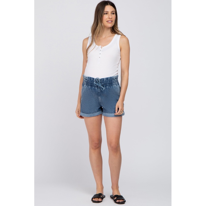 Medium Denim Smocked Waist Maternity Shorts