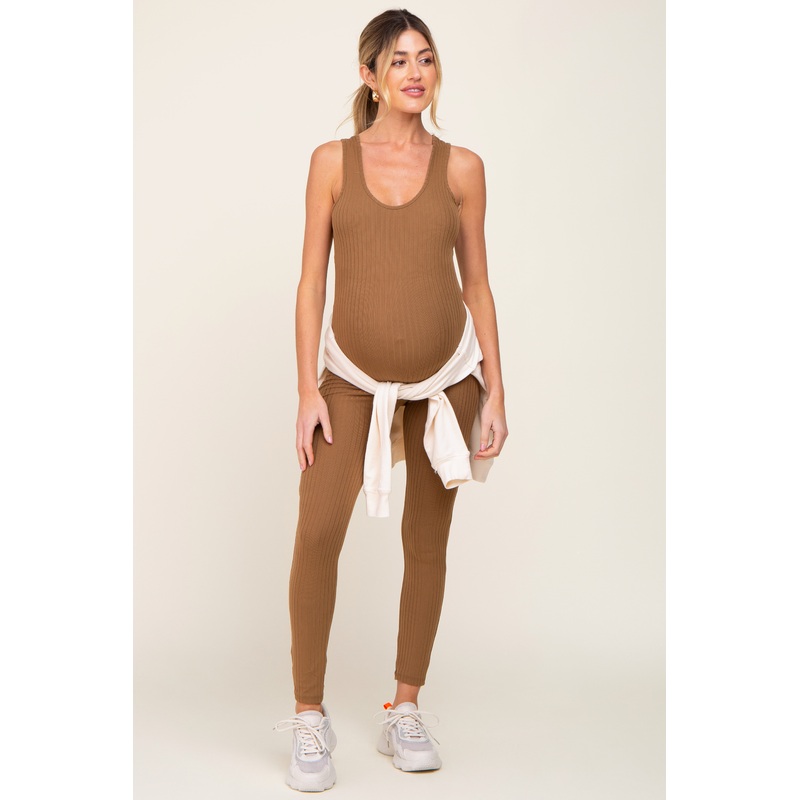 Mocha Ribbed Bodycon Maternity Jumpsuit