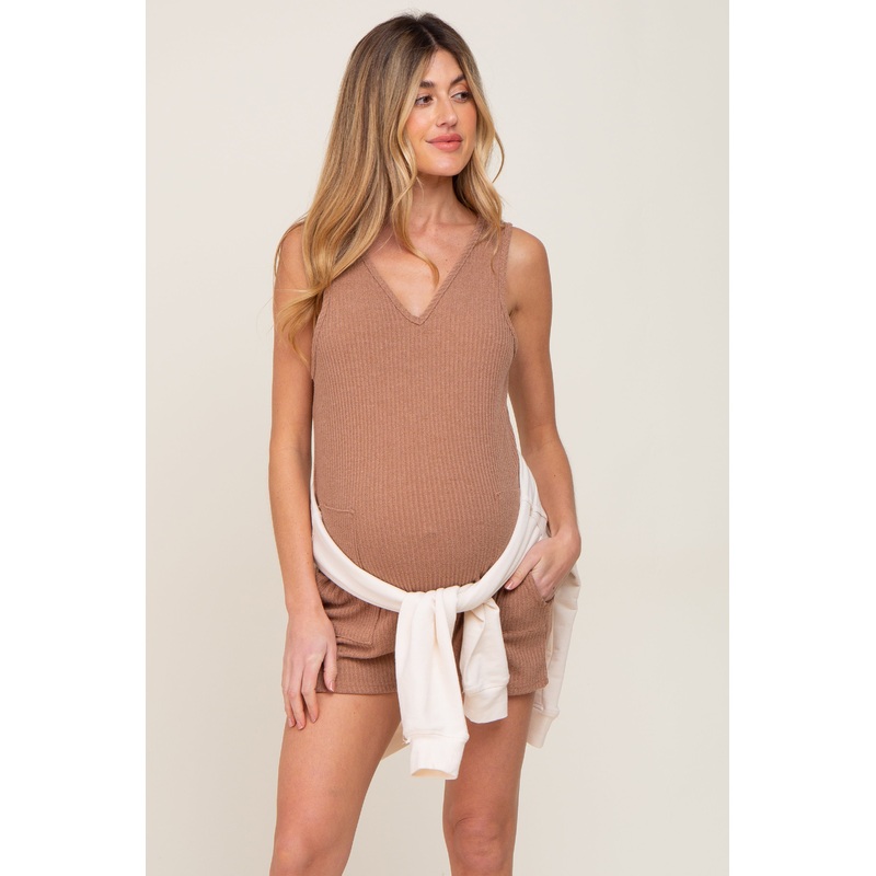 Mocha Ribbed V-Neck Sleeveless Maternity Romper