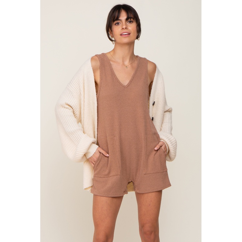 Mocha Ribbed V-Neck Sleeveless Romper