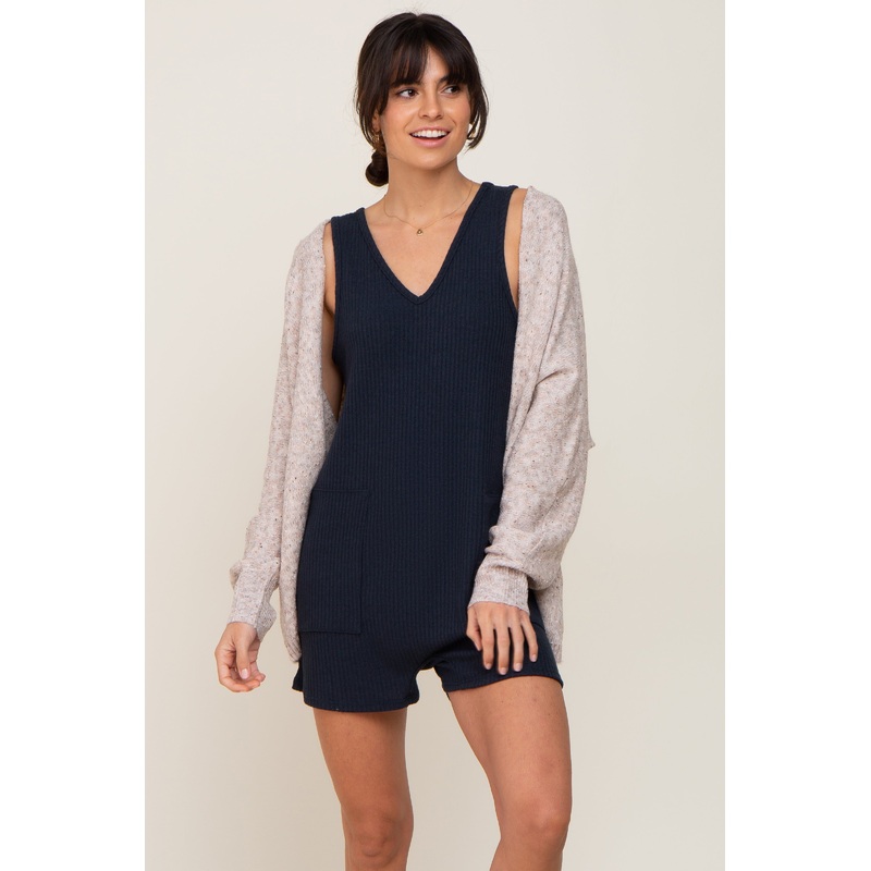 Navy Blue Ribbed V-Neck Sleeveless Romper