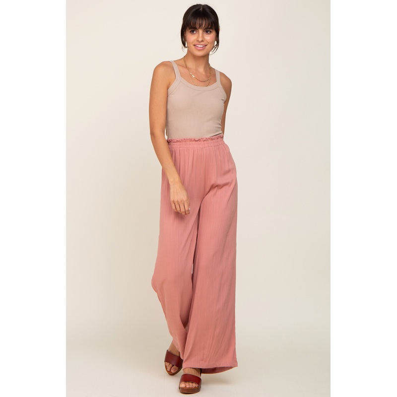Pink Basic Elastic Waist Wide Leg Pants
