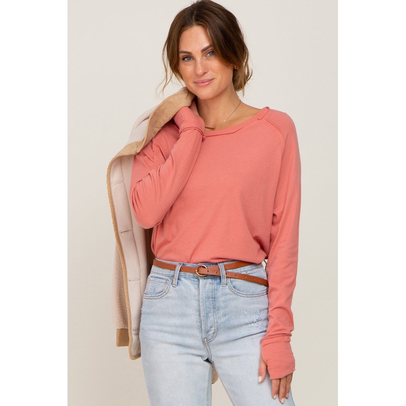 Salmon Distressed Seam Long Sleeve Top