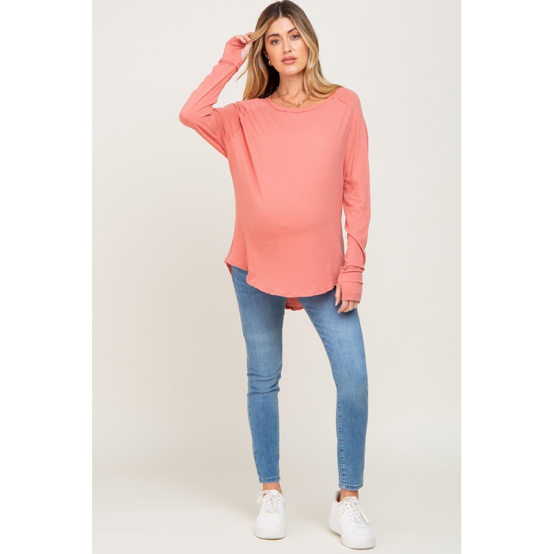 Salmon Distressed Seam Maternity Long Sleeve Top