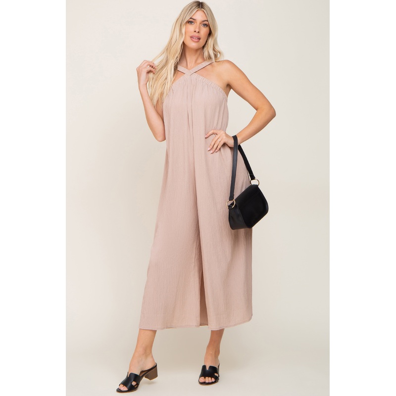 Taupe Halter Wide Leg Jumpsuit
