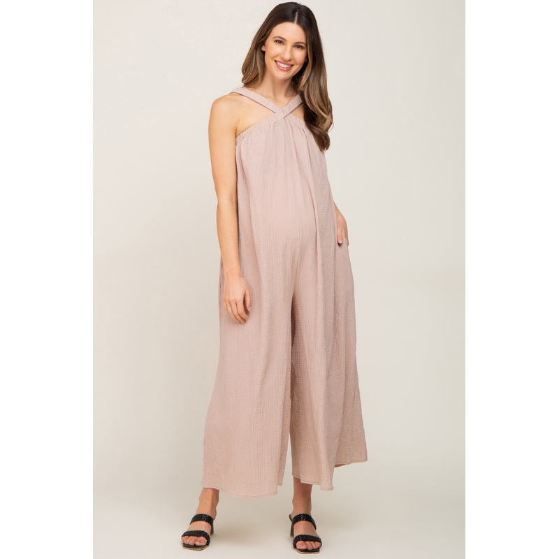 Taupe Halter Wide Leg Maternity Jumpsuit