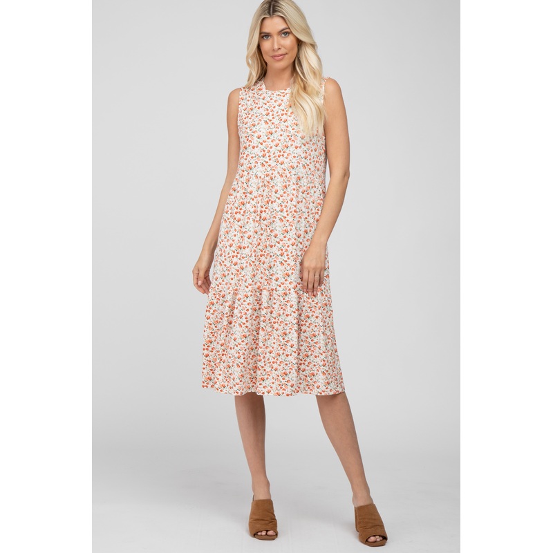 White Floral Ribbed Sleeveless Midi Dress