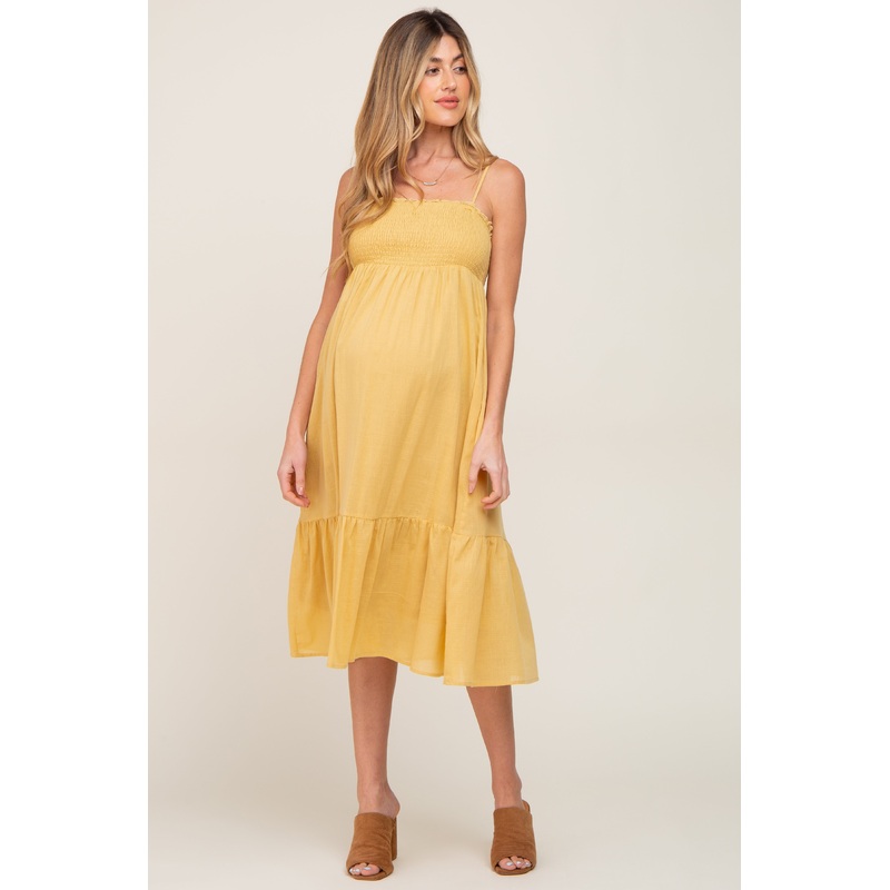Yellow Smocked Sleeveless Linen Maternity Midi Dress