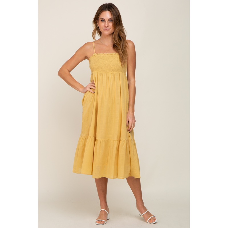 Yellow Smocked Sleeveless Linen Midi Dress