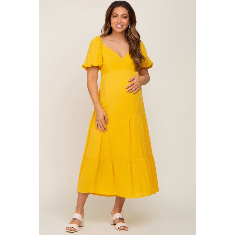 Yellow V-Neck Puff Sleeve Tiered Maternity Maxi Dress