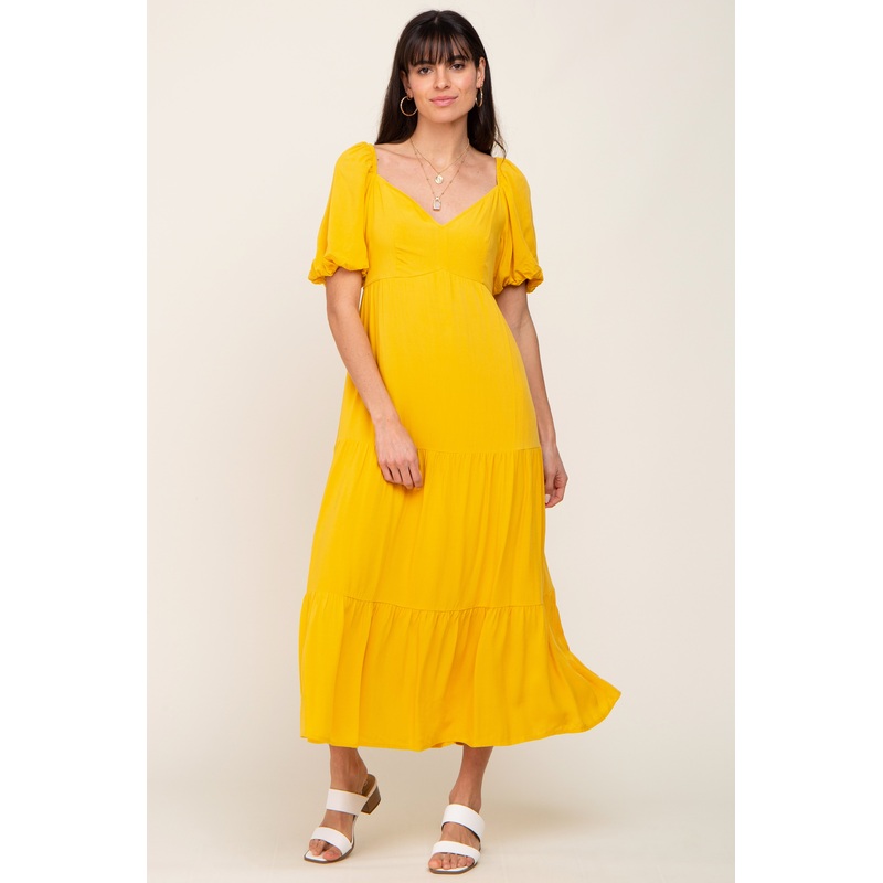 Yellow V-Neck Puff Sleeve Tiered Maxi Dress