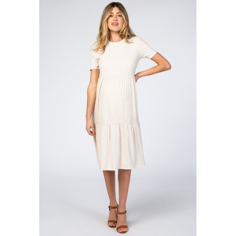 Beige Ribbed Tiered Maternity Dress