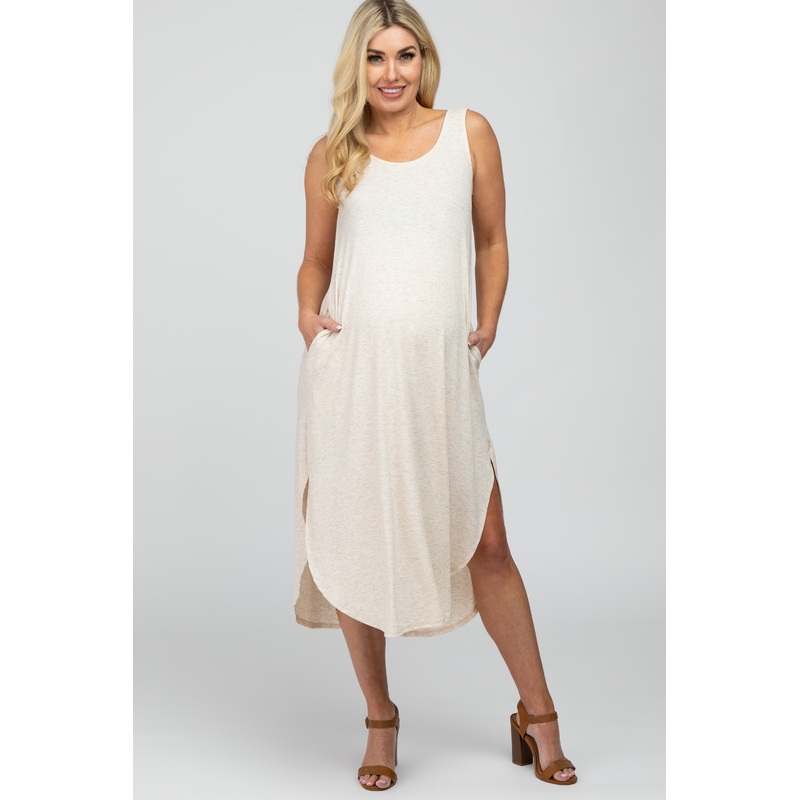 Beige Sleeveless Ribbed Curved Hem Maternity Maxi Dress