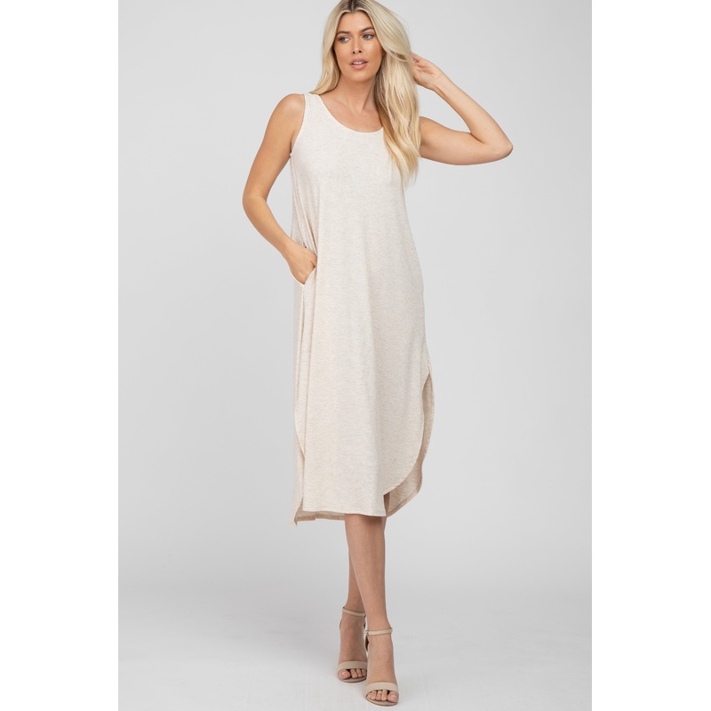 Beige Sleeveless Ribbed Curved Hem Maxi Dress