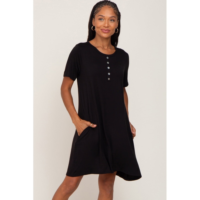 Black Button Accent Pocketed Dress