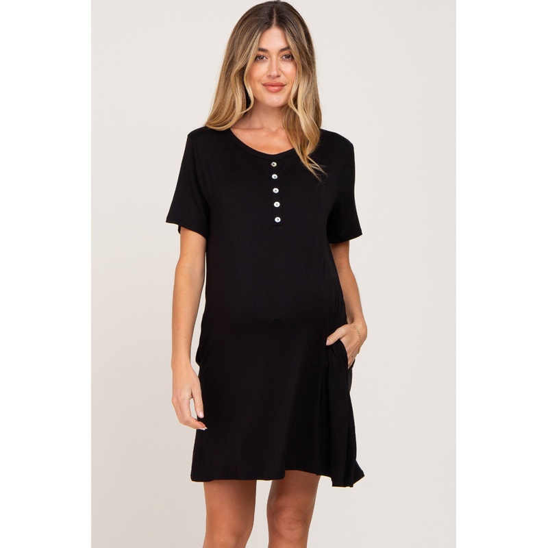 Black Button Accent Pocketed Maternity Dress
