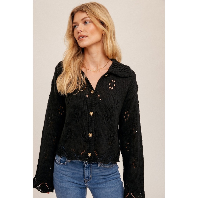 Black Pointelle Collared Button Down Sweater Cardigan