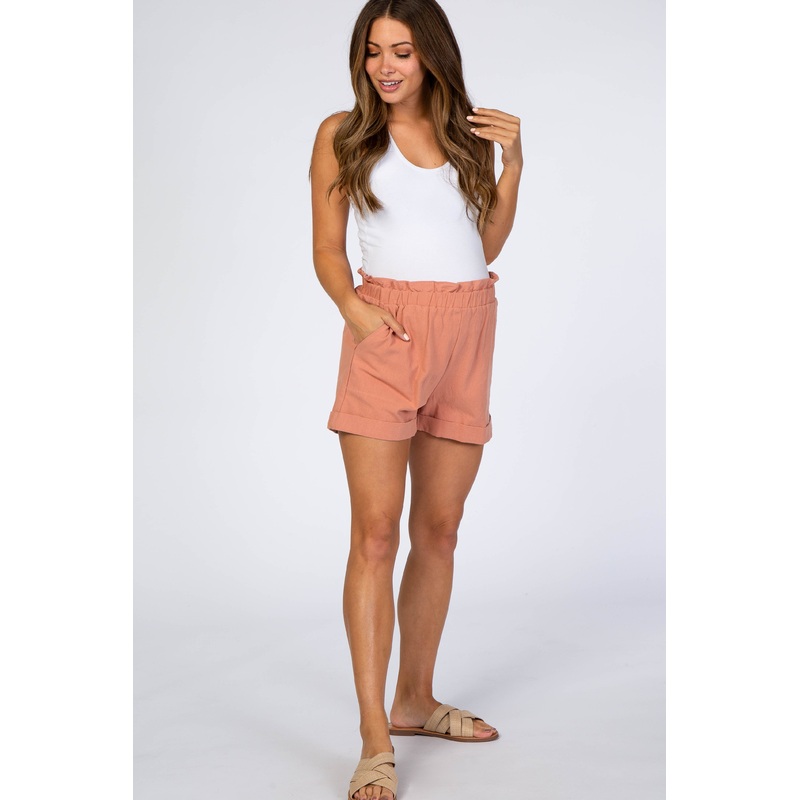 Salmon Cuffed Linen Maternity Shorts