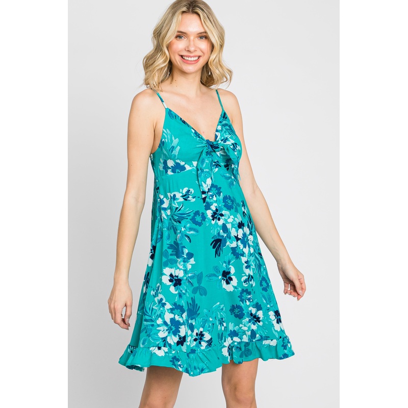 Teal Tropical Floral Front Tie Sleeveless Dress