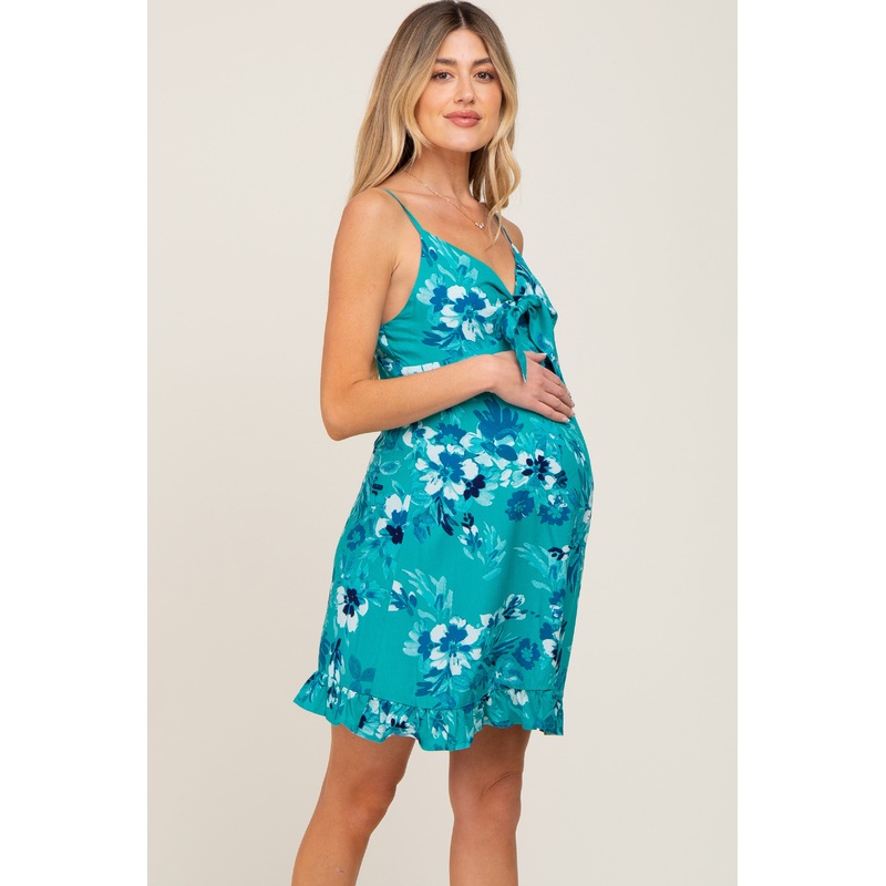 Teal Tropical Floral Front Tie Sleeveless Maternity Dress