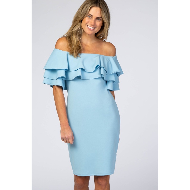 Turquoise Layered Ruffle Off Shoulder Fitted Dress