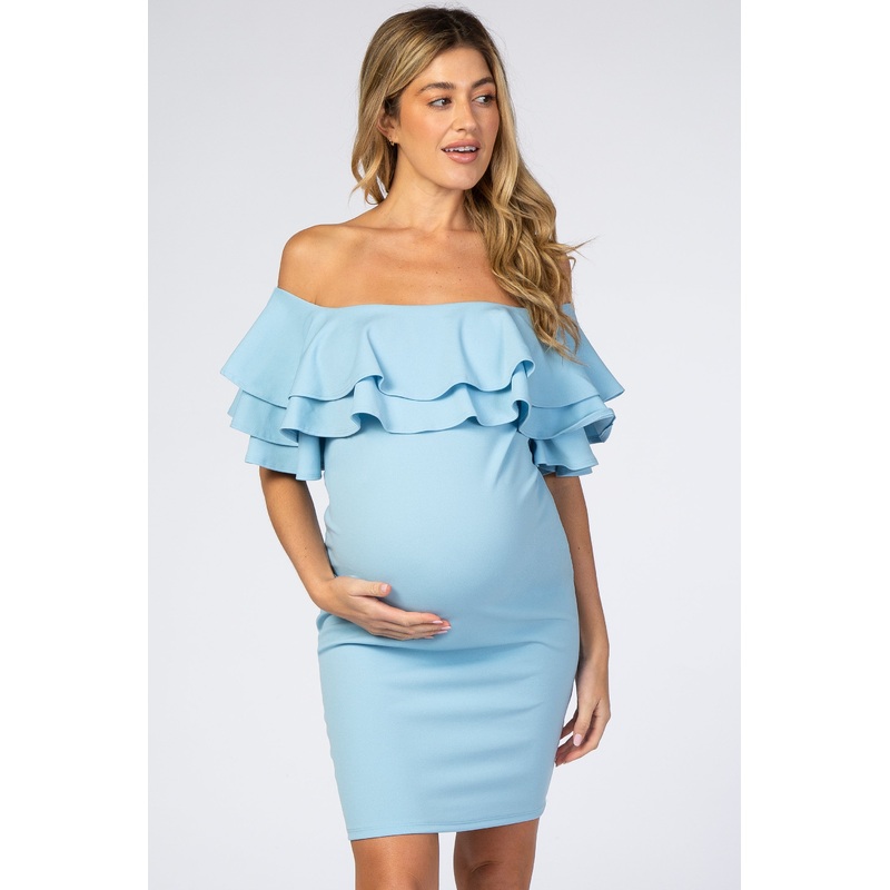 Turquoise Layered Ruffle Off Shoulder Fitted Maternity Dress