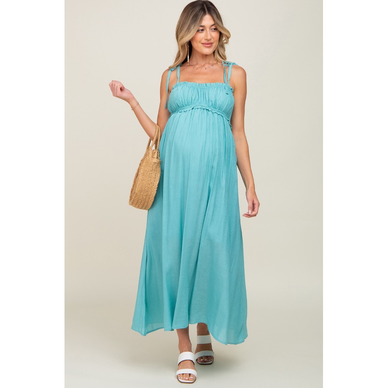 Turquoise Sleeveless Ruffle Trim Maternity Maxi Dress