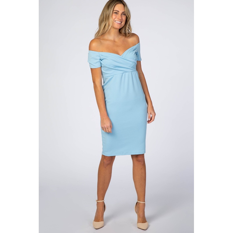 Turquoise  Solid Off Shoulder Fitted Dress