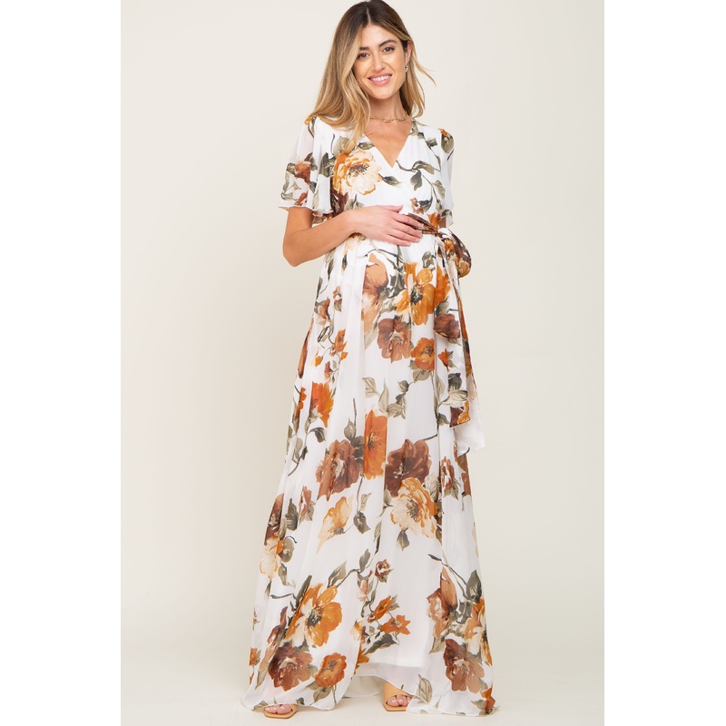 White Floral Chiffon Wrap Front Short Sleeve Maternity Maxi Dress