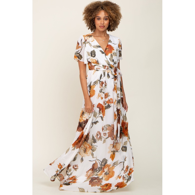 White Floral Chiffon Wrap Front Short Sleeve Maxi Dress