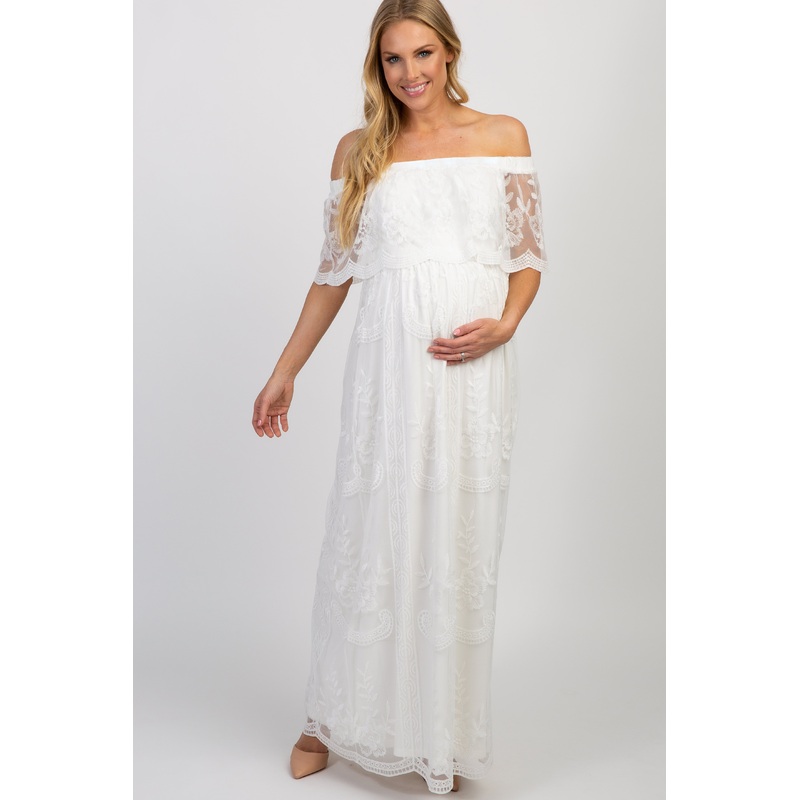 White Lace Mesh Overlay Off Shoulder Maternity Maxi Dress
