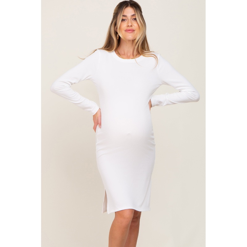 White Ribbed Basic Long Sleeve Maternity Midi Dress
