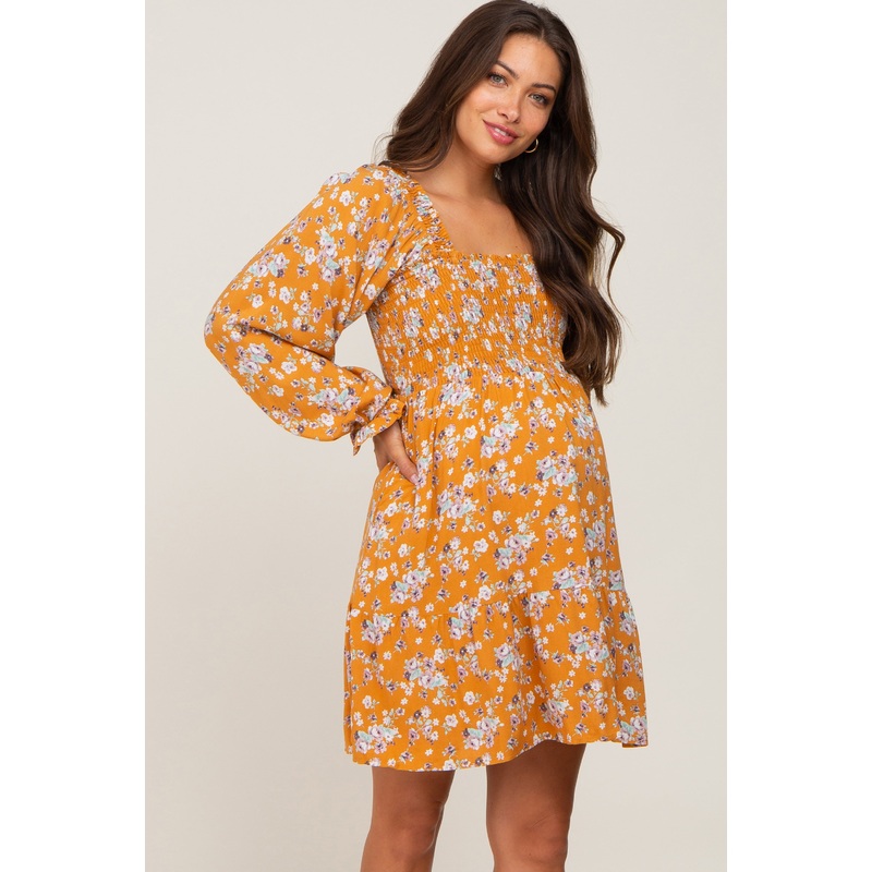 Yellow Floral Smocked Tie Back Maternity Dress