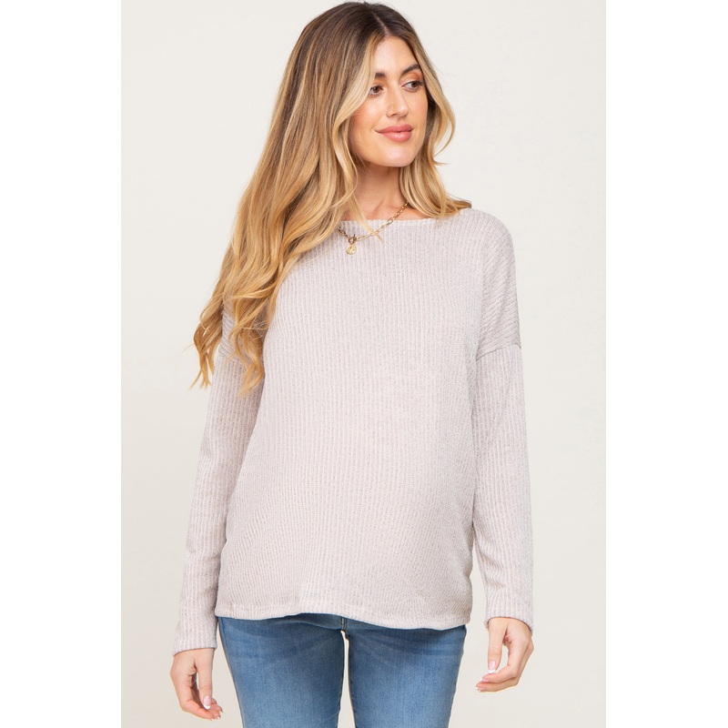 Beige Ribbed Open Knit Long Sleeve Maternity Top