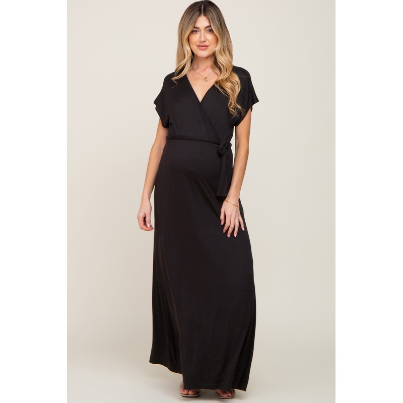 Black Basic Maternity Wrap Maxi Dress