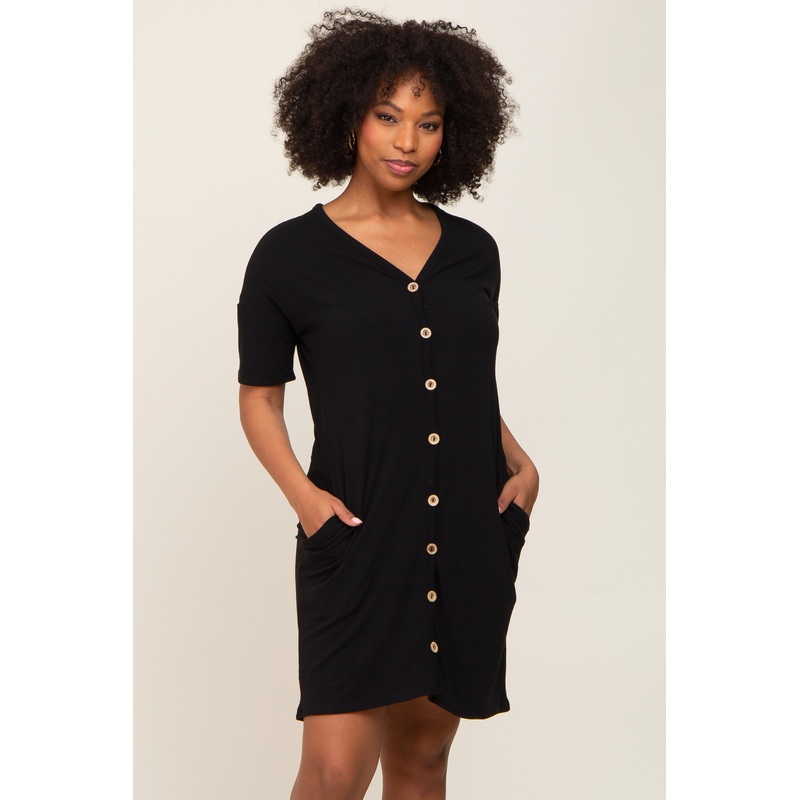Black Button Accent Short Sleeve Dress