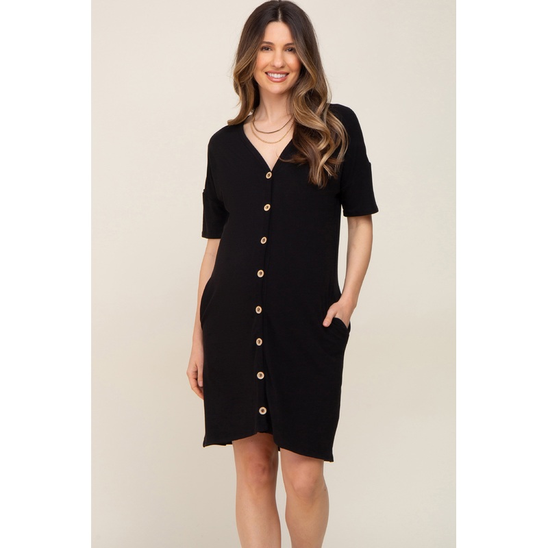 Black Button Accent Short Sleeve Maternity Dress