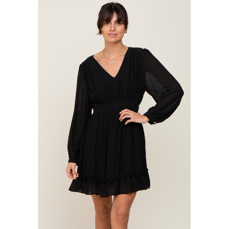 Black Chiffon Ruffle Accent Mini Dress