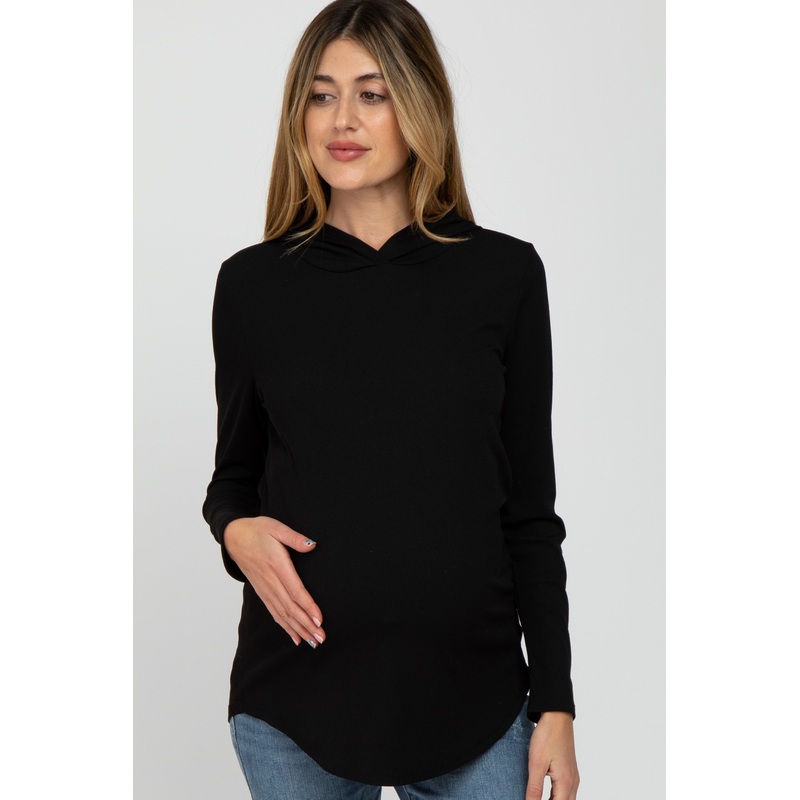 Black Ribbed Lightweight Maternity Hoodie