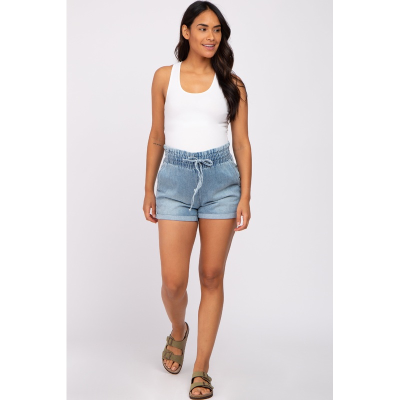 Blue Cuffed Paper Bag Waist Maternity Jean Shorts