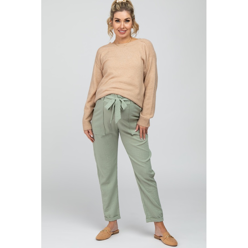 Light Olive Paper Bag Waist Cropped Maternity Pants