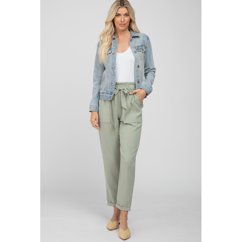 Light Olive Paper Bag Waist Cropped Pants
