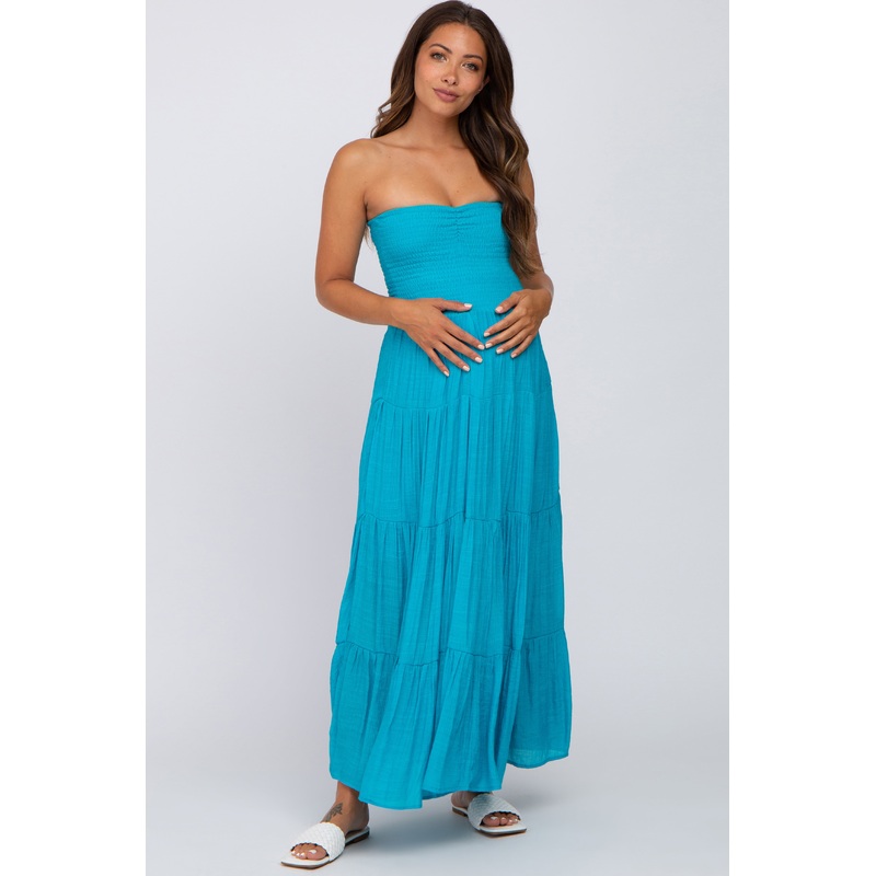 Turquoise Strapless Smocked Tiered Maternity Maxi Dress