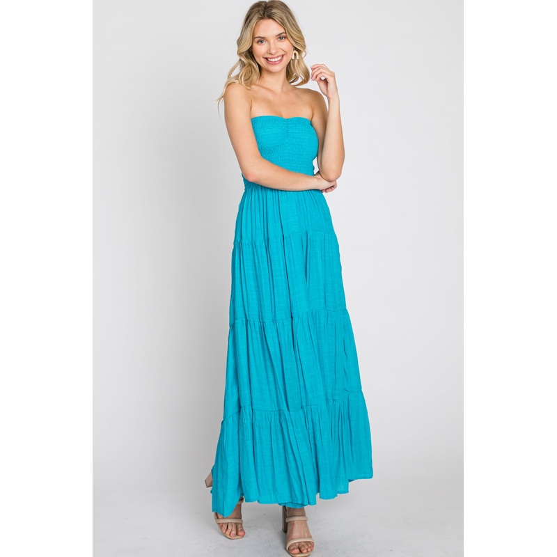 Turquoise Strapless Smocked Tiered Maxi Dress