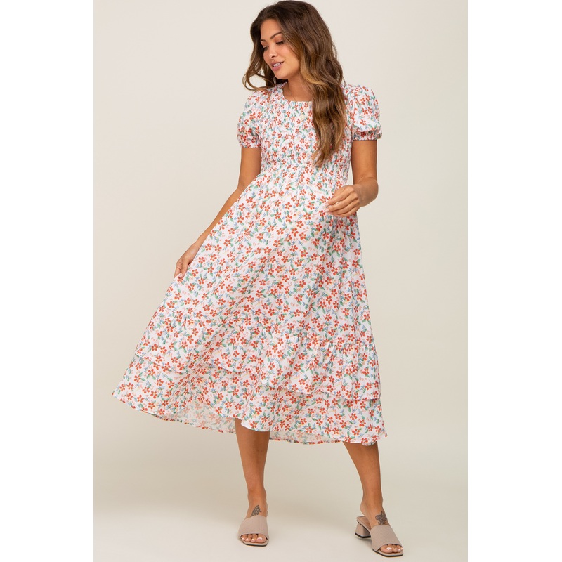 White Floral Smocked Layered Maternity Midi Dress